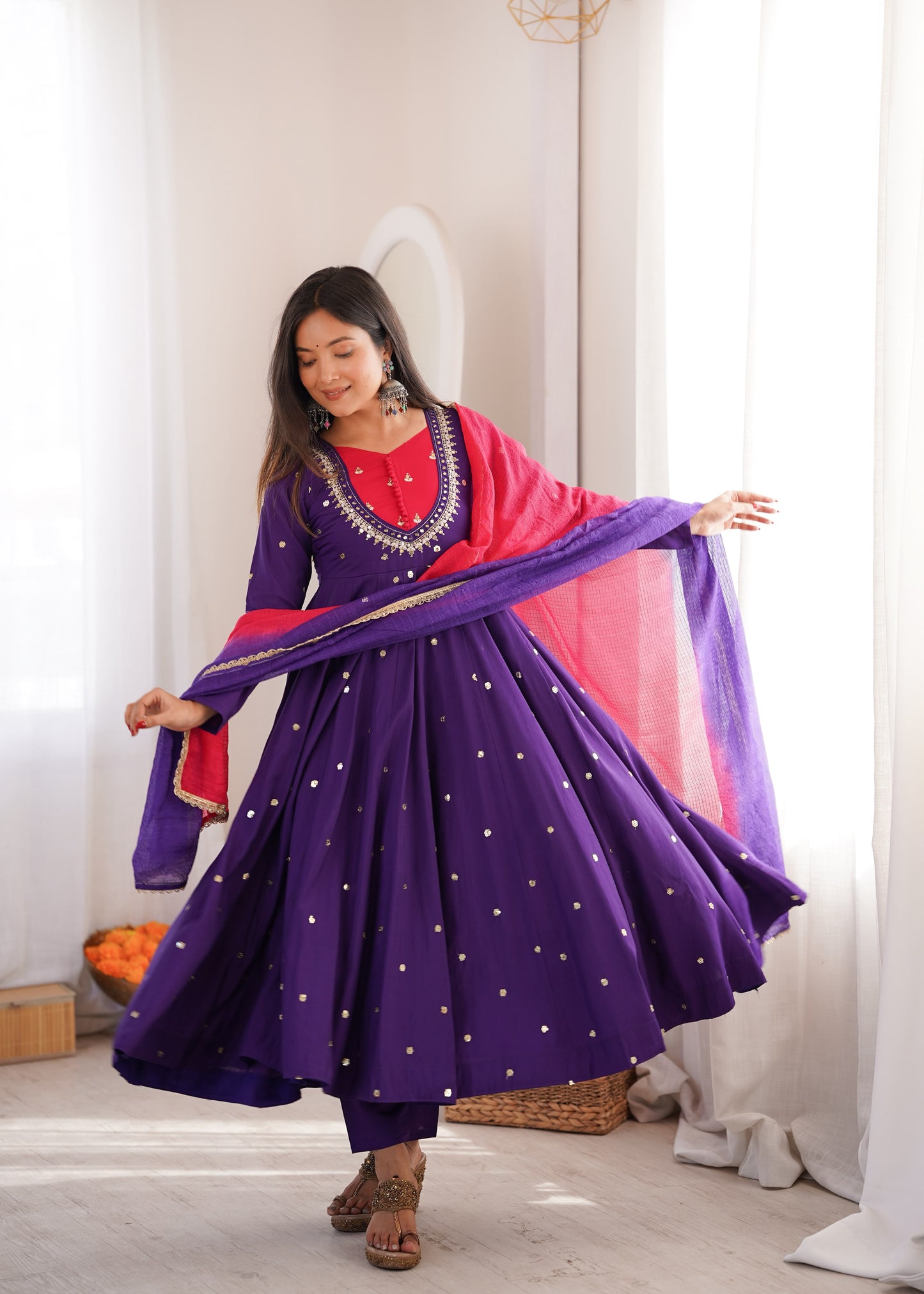 Elegant Purple color Roman Silk Embroidered Sequence With Real Mirror Designer Anarkali Three Piece Set