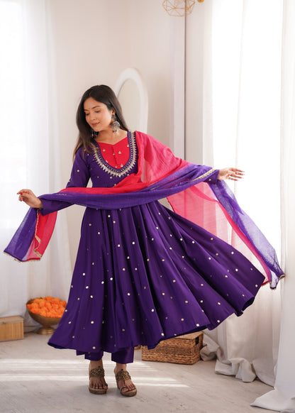 Elegant Purple color Roman Silk Embroidered Sequence With Real Mirror Designer Anarkali Three Piece Set