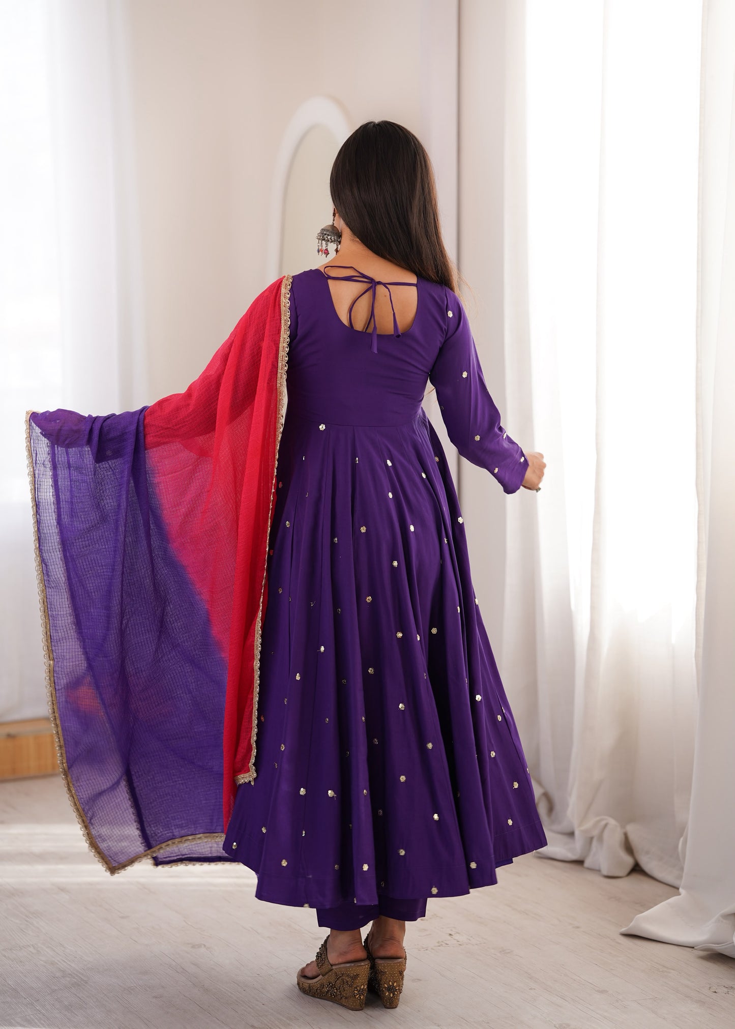 Elegant Purple color Roman Silk Embroidered Sequence With Real Mirror Designer Anarkali Three Piece Set