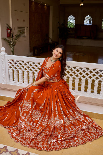 Rust Orange color Pure Vichitra Bridesmaid Lehenga Choli
