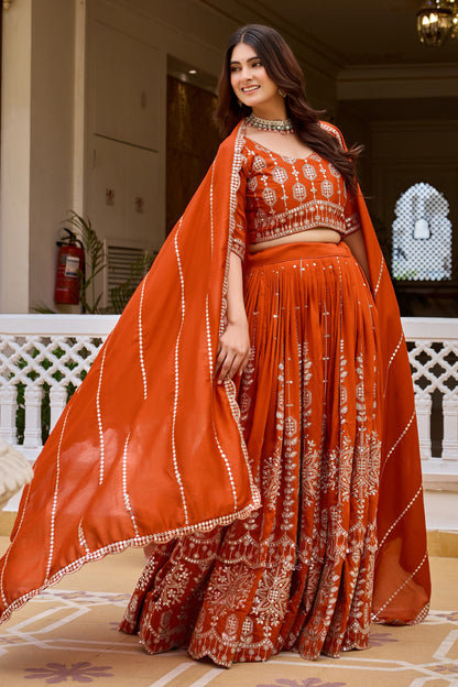 Rust Orange color Pure Vichitra Bridesmaid Lehenga Choli