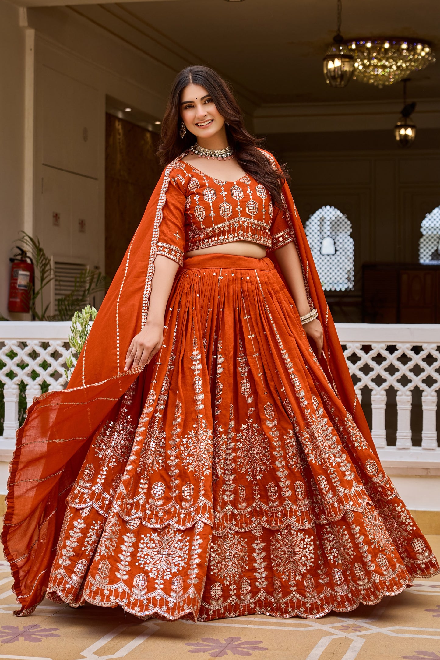 Rust Orange color Pure Vichitra Bridesmaid Lehenga Choli