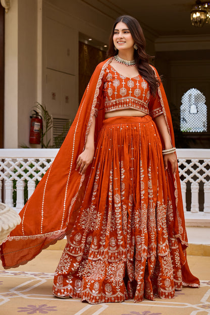 Rust Orange color Pure Vichitra Bridesmaid Lehenga Choli