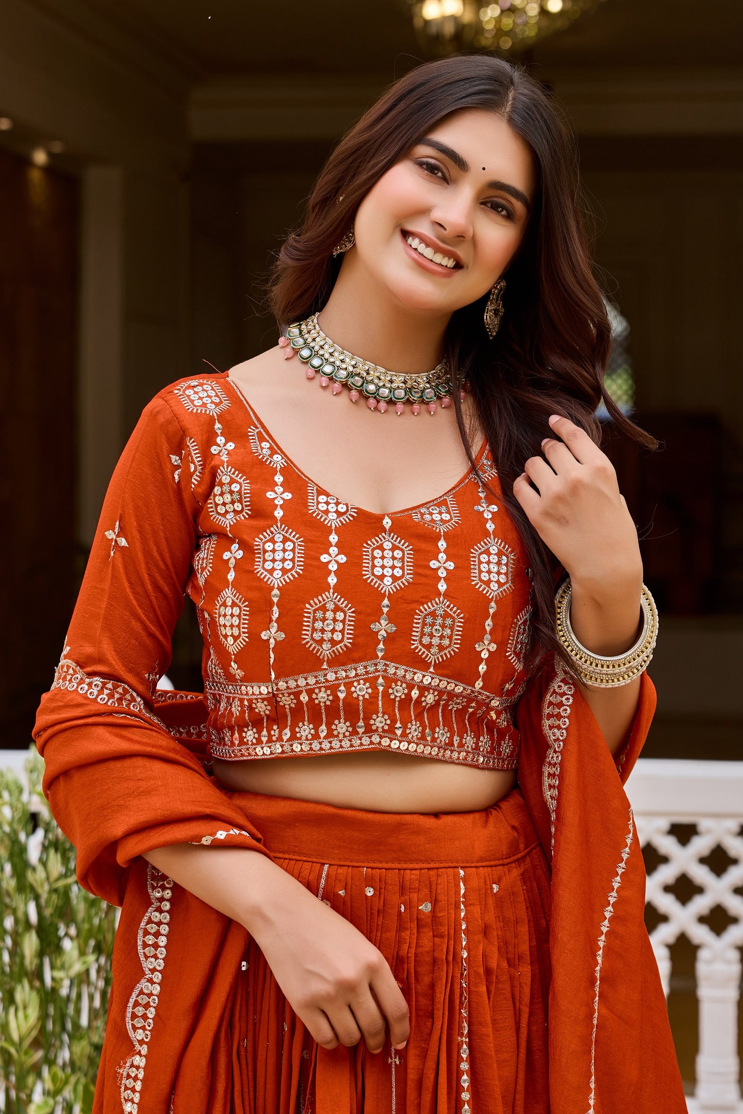 Rust Orange color Pure Vichitra Bridesmaid Lehenga Choli
