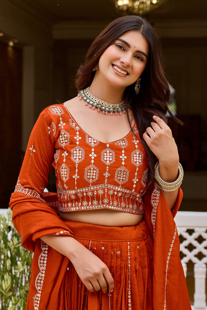 Rust Orange color Pure Vichitra Bridesmaid Lehenga Choli