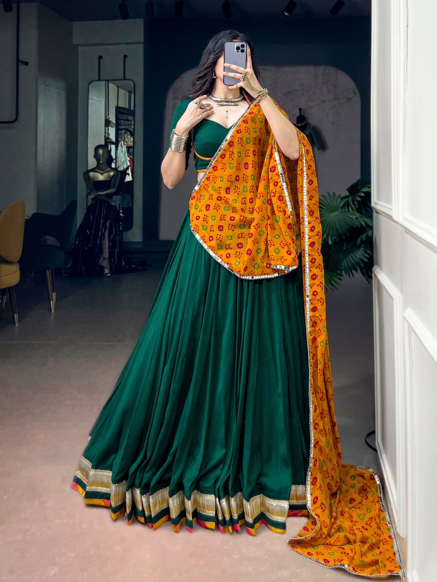 Green color Chinon Navratri Lehenga Choli with Bandhani Print Dupatta