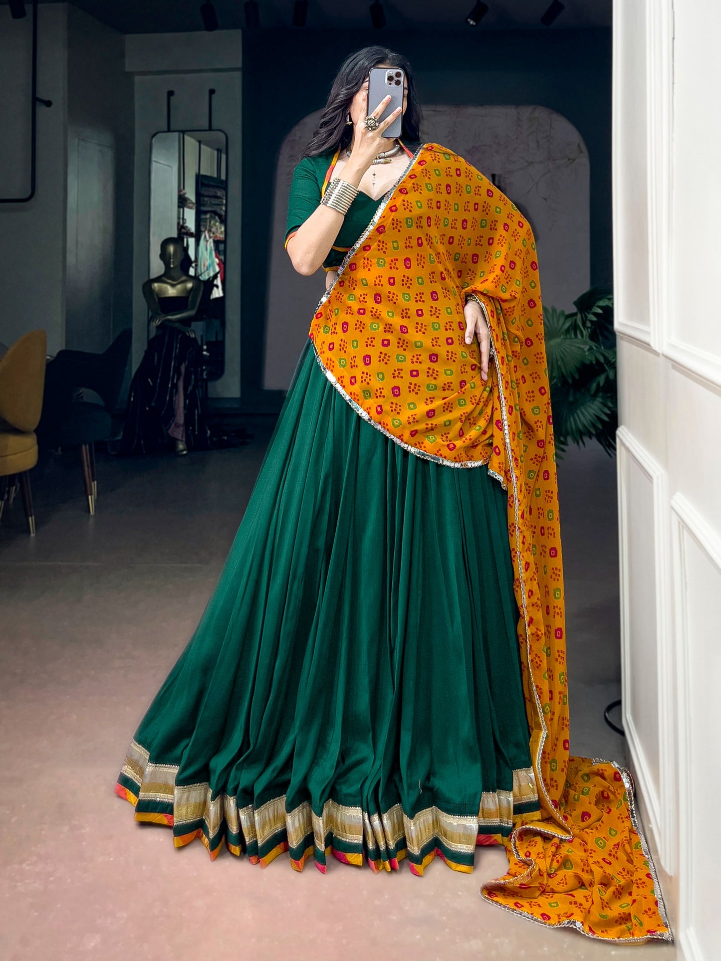 Green color Chinon Navratri Lehenga Choli with Bandhani Print Dupatta