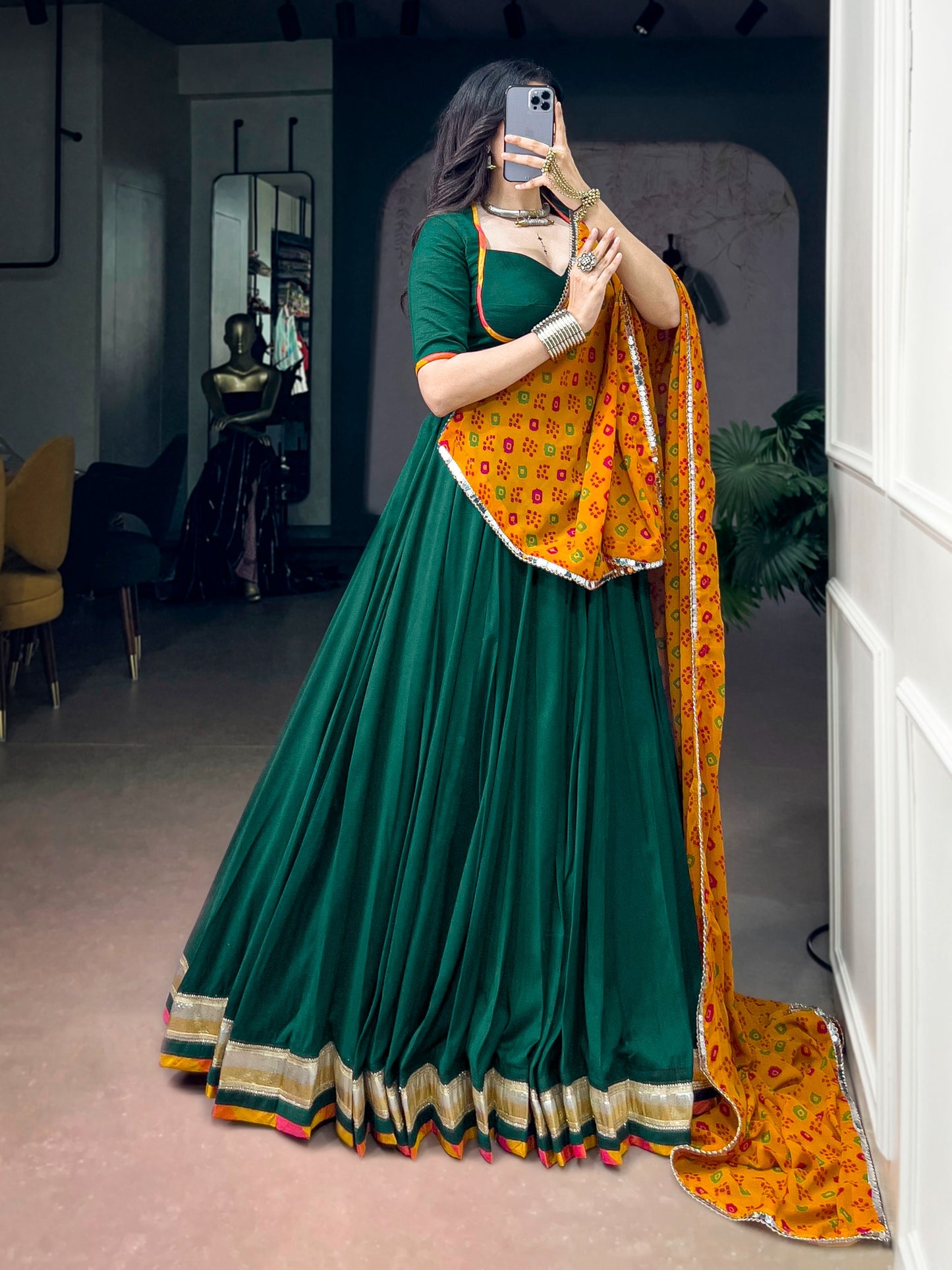 Green color Chinon Navratri Lehenga Choli with Bandhani Print Dupatta