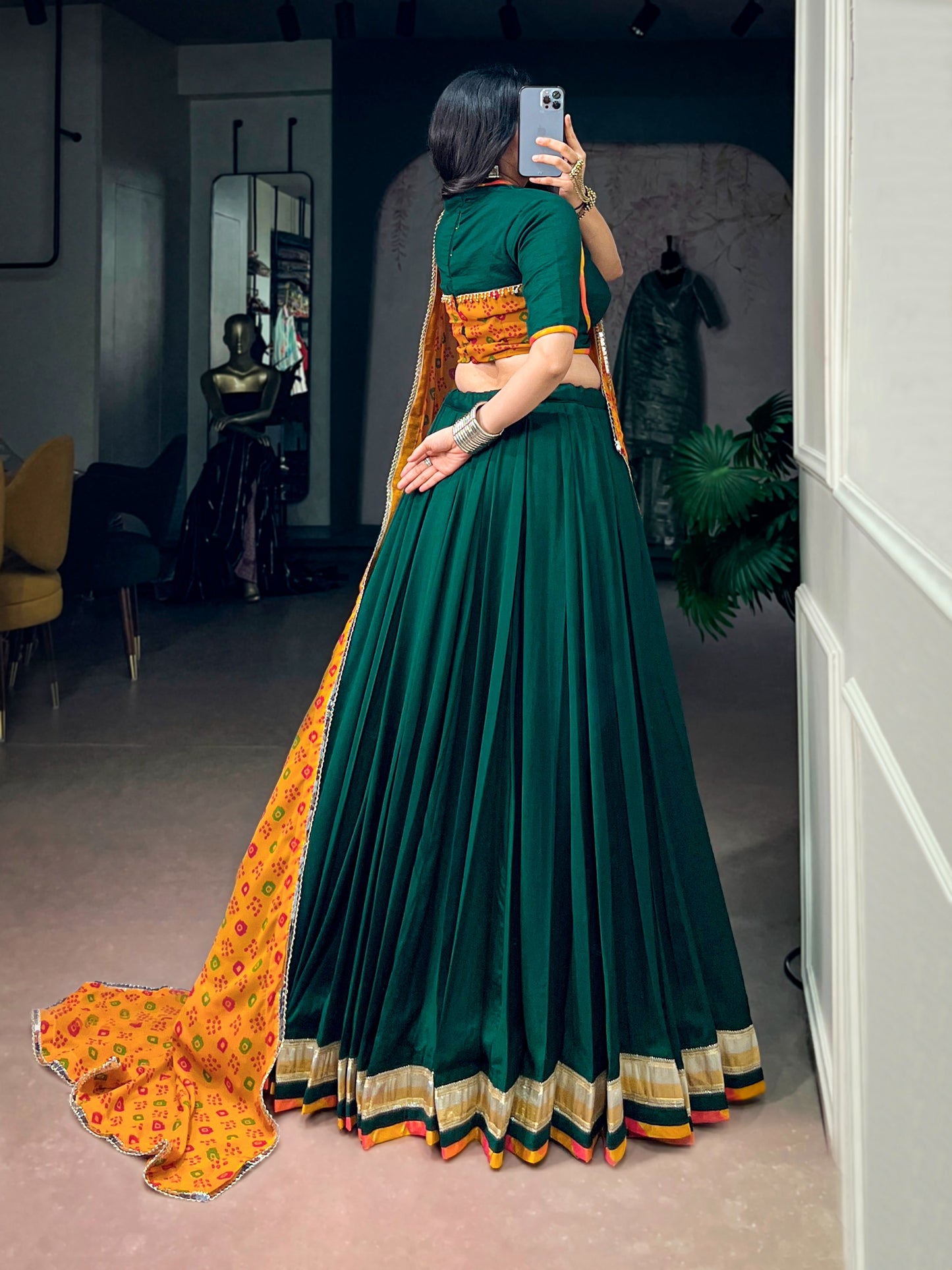 Green color Chinon Navratri Lehenga Choli with Bandhani Print Dupatta