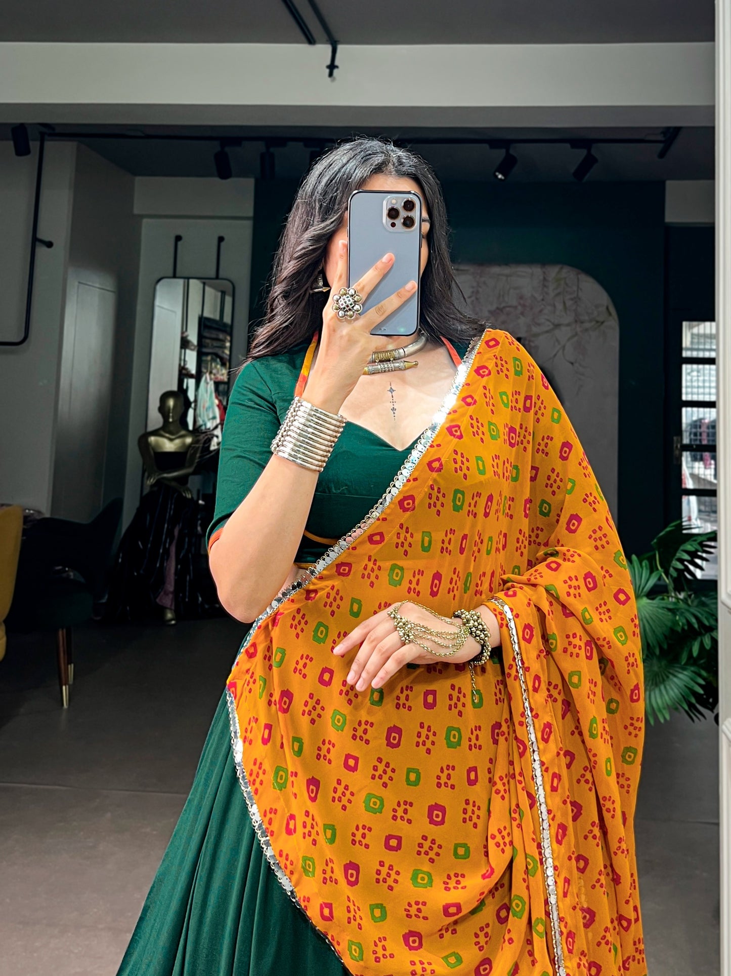 Green color Chinon Navratri Lehenga Choli with Bandhani Print Dupatta