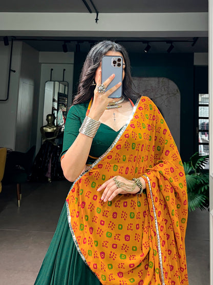 Green color Chinon Navratri Lehenga Choli with Bandhani Print Dupatta