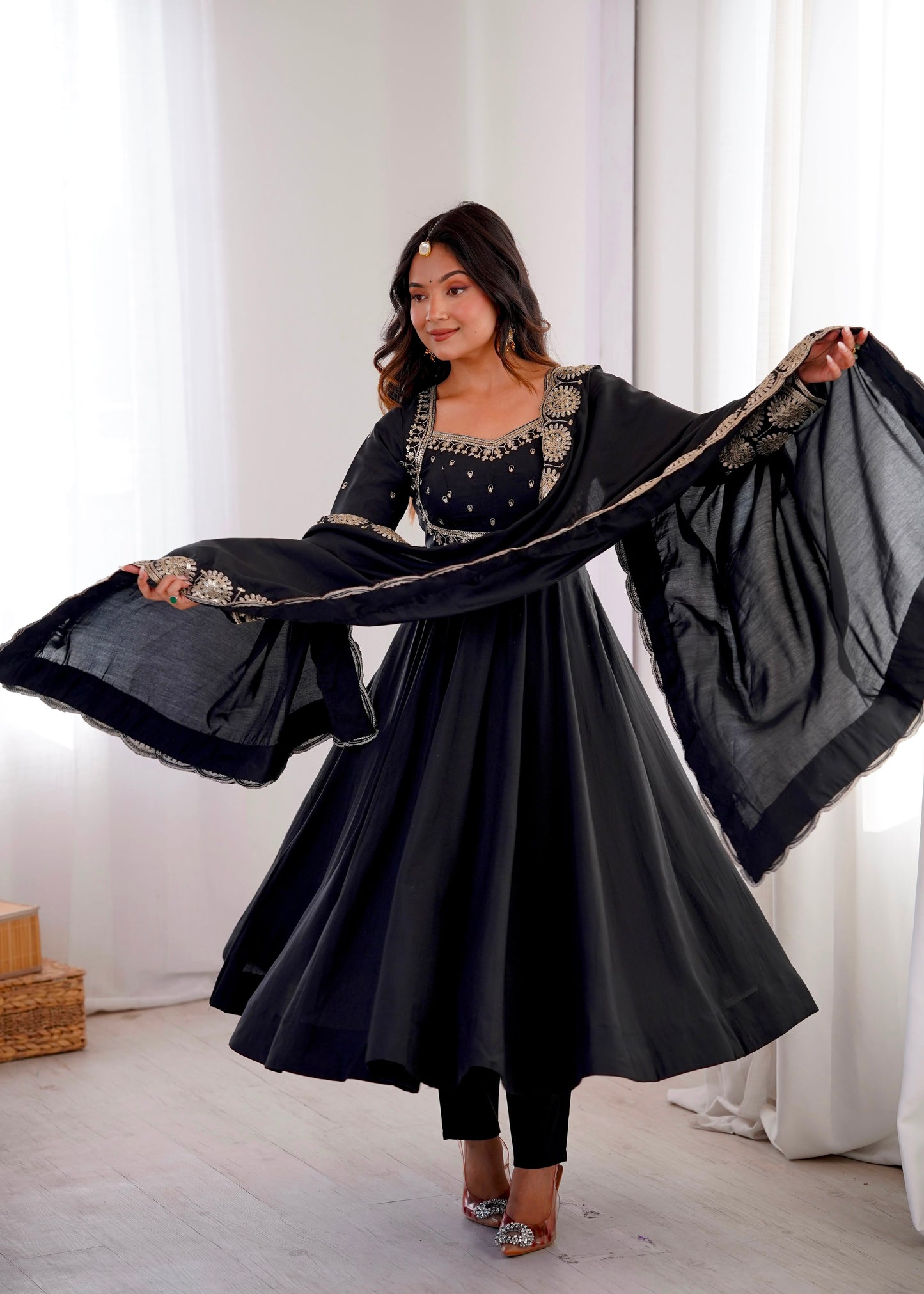 Black Color Roman Silk Embroidery Sequence Work Anarkali Gown Pant and Dupatta