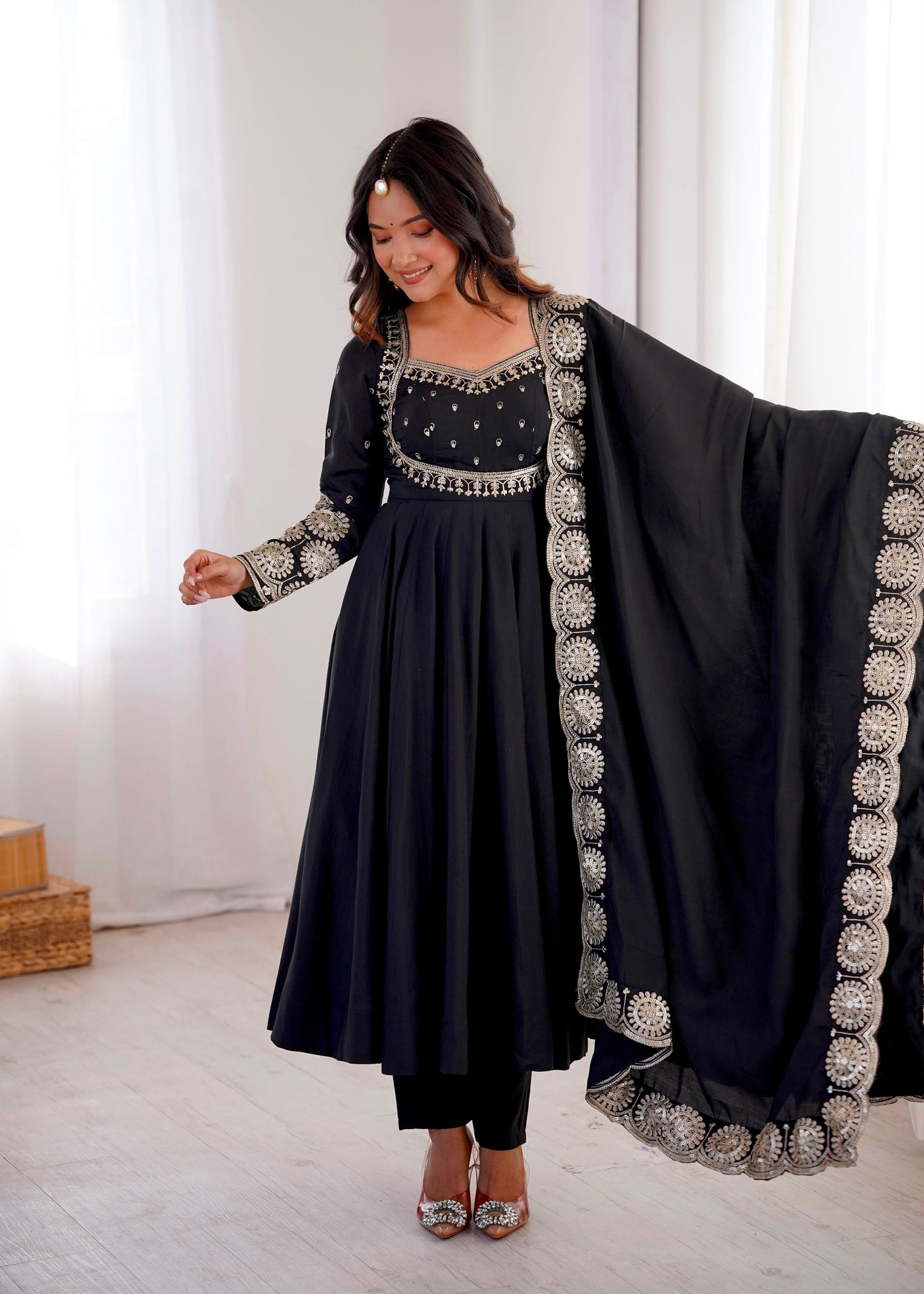 Black Color Roman Silk Embroidery Sequence Work Anarkali Gown Pant and Dupatta