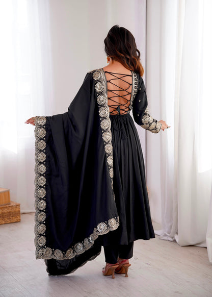 Black Color Roman Silk Embroidery Sequence Work Anarkali Gown Pant and Dupatta