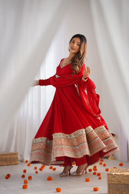 Red Color Pure Blooming Fully Flair Anarkali Gown