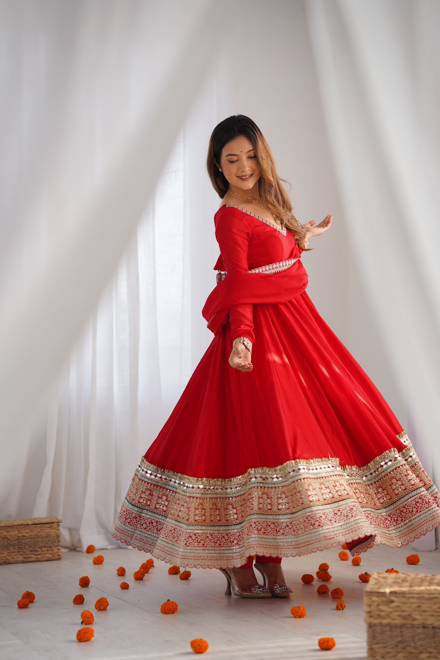 Red Color Pure Blooming Fully Flair Anarkali Gown
