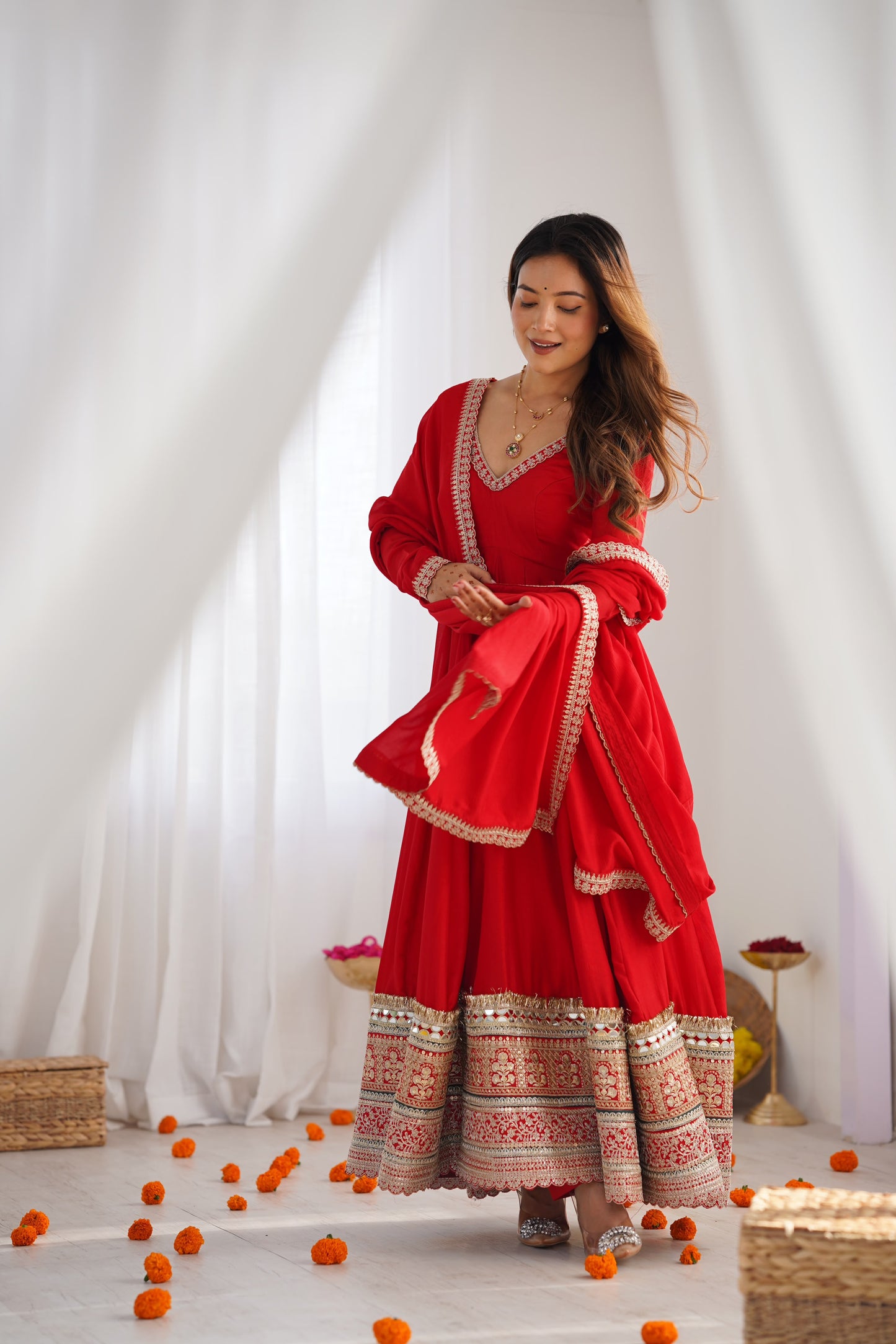 Red Color Pure Blooming Fully Flair Anarkali Gown