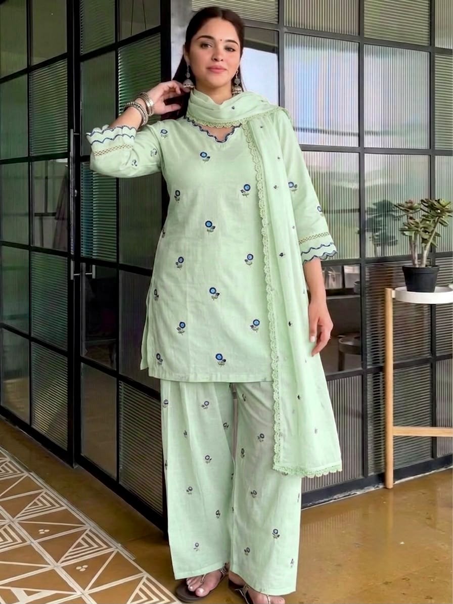 Exclusive Designer Mul Chandheri Kurti Farshi Palazzo With Dupatta set
