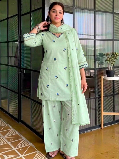 Exclusive Designer Mul Chandheri Kurti Farshi Palazzo With Dupatta set