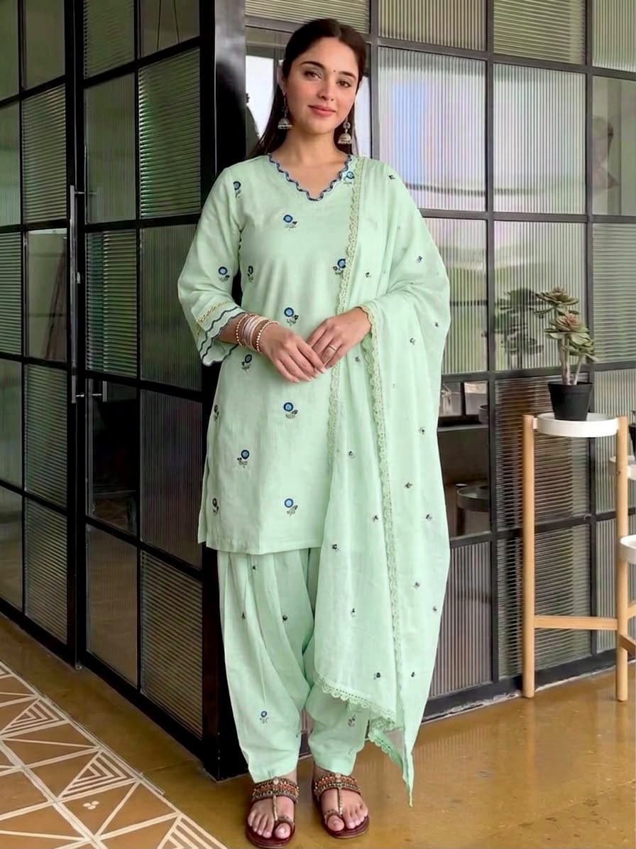 Exclusive Designer Mul Chandheri Kurti Farshi Palazzo With Dupatta set