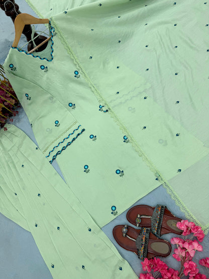 Exclusive Designer Mul Chandheri Kurti Farshi Palazzo With Dupatta set