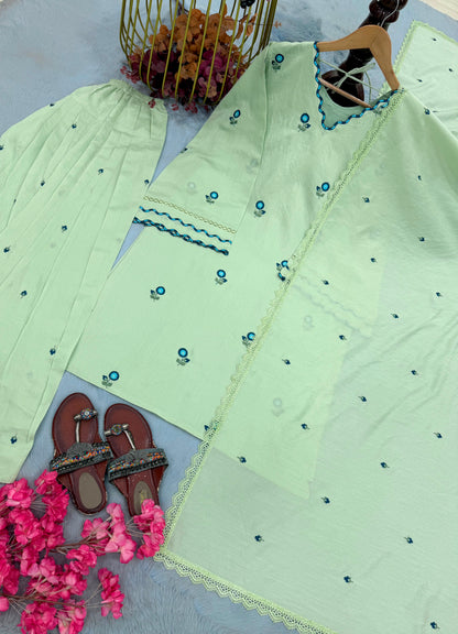 Exclusive Designer Mul Chandheri Kurti Farshi Palazzo With Dupatta set