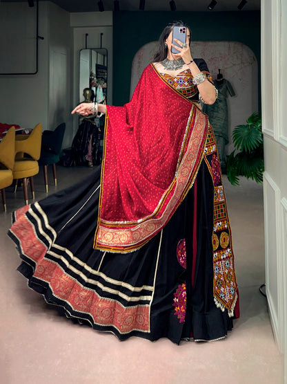 Black color Rayon Kutchi Embroidery Patch Work Navratri Lehenga Choli with Bandhej Print Dupatta