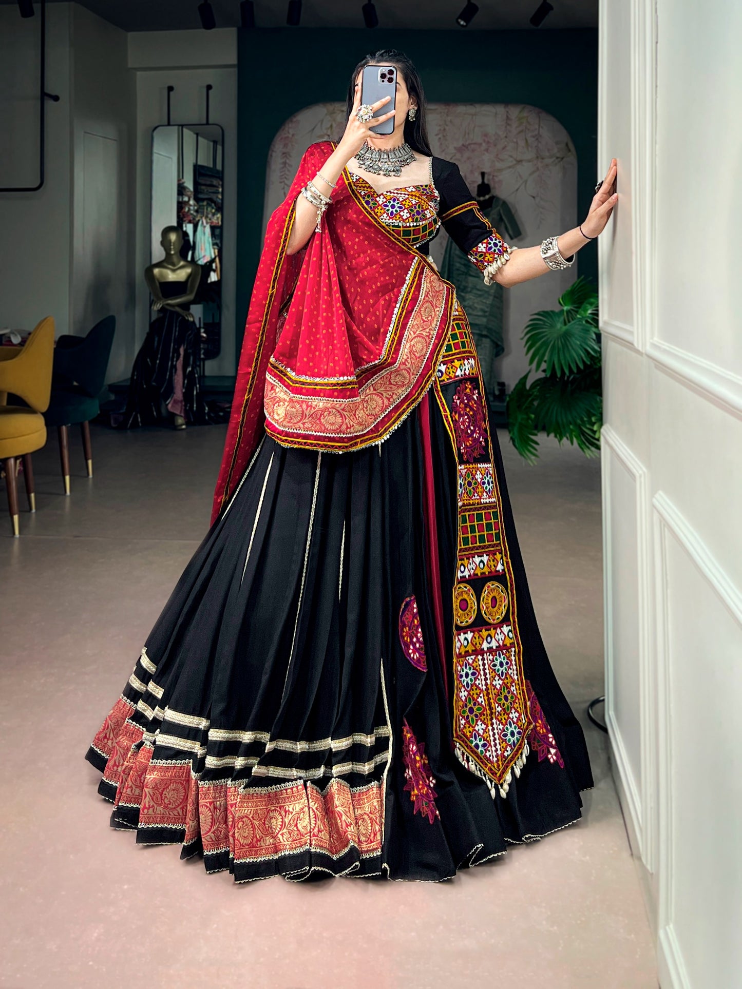 Black color Rayon Kutchi Embroidery Patch Work Navratri Lehenga Choli with Bandhej Print Dupatta