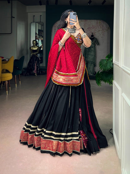 Black color Rayon Kutchi Embroidery Patch Work Navratri Lehenga Choli with Bandhej Print Dupatta