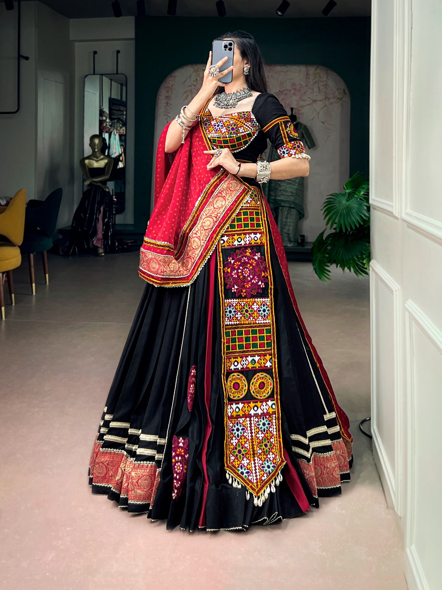 Black color Rayon Kutchi Embroidery Patch Work Navratri Lehenga Choli with Bandhej Print Dupatta