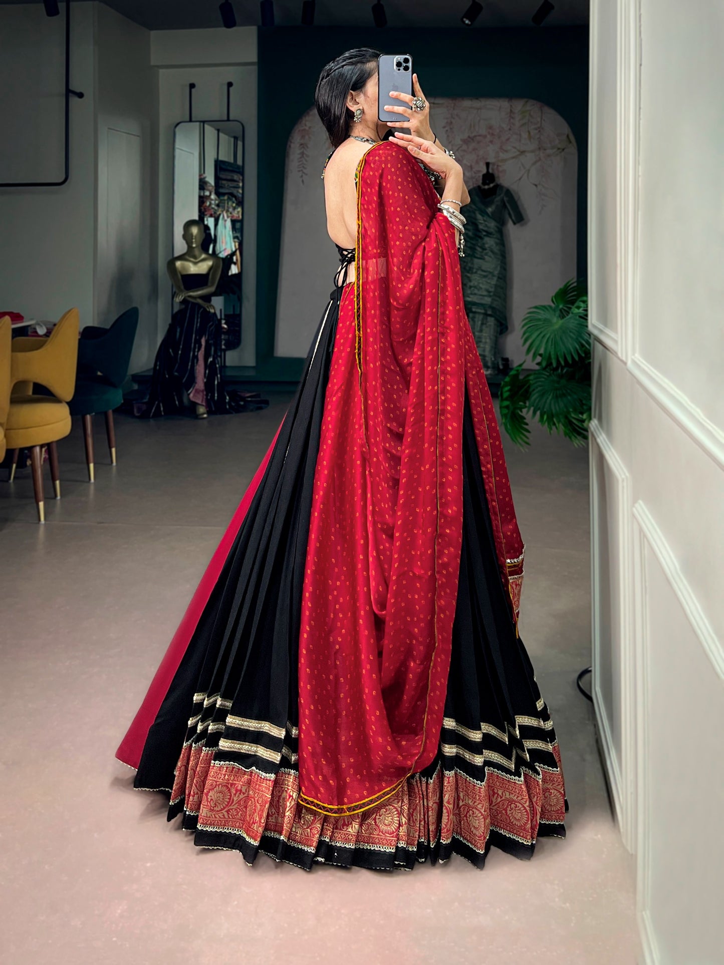 Black color Rayon Kutchi Embroidery Patch Work Navratri Lehenga Choli with Bandhej Print Dupatta