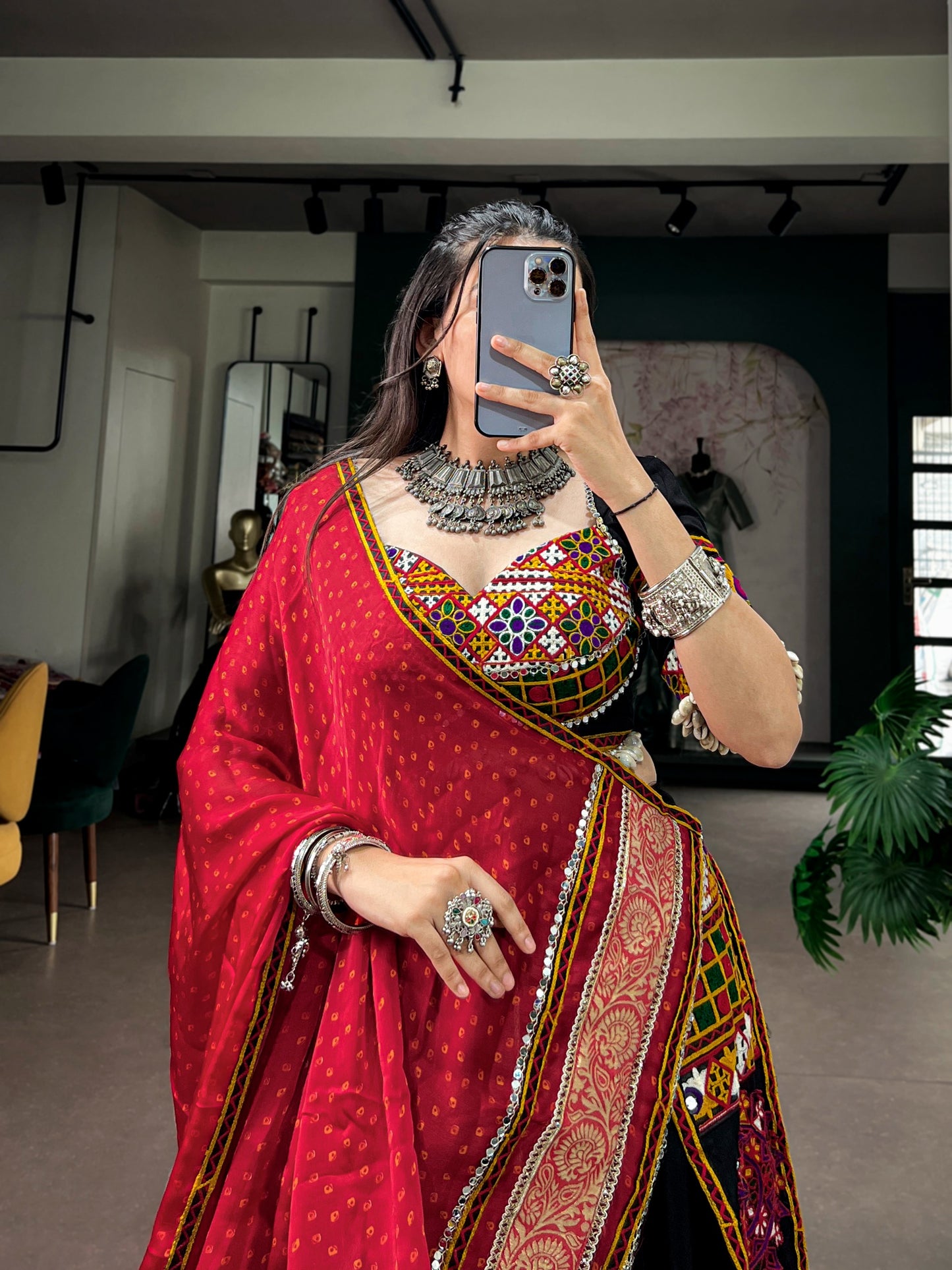 Black color Rayon Kutchi Embroidery Patch Work Navratri Lehenga Choli with Bandhej Print Dupatta