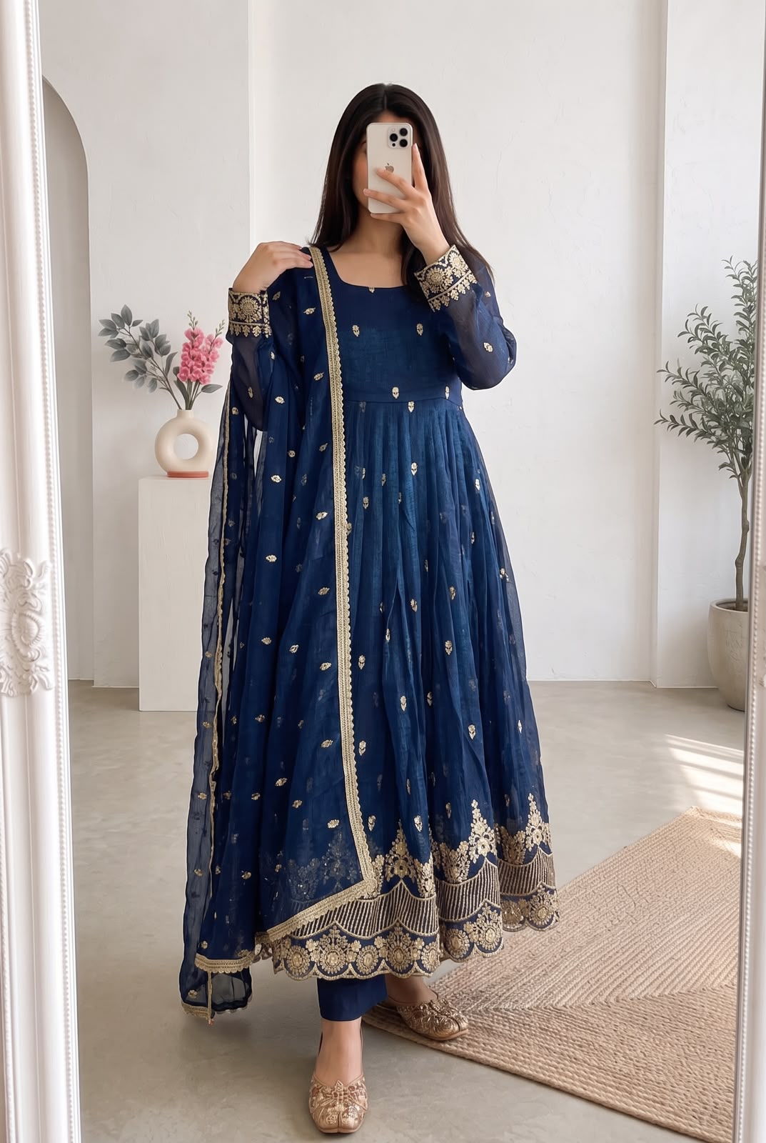 Navy Blue Crunchy Silk Designer Party Wear Anarkali Gown Pant with Dupatta