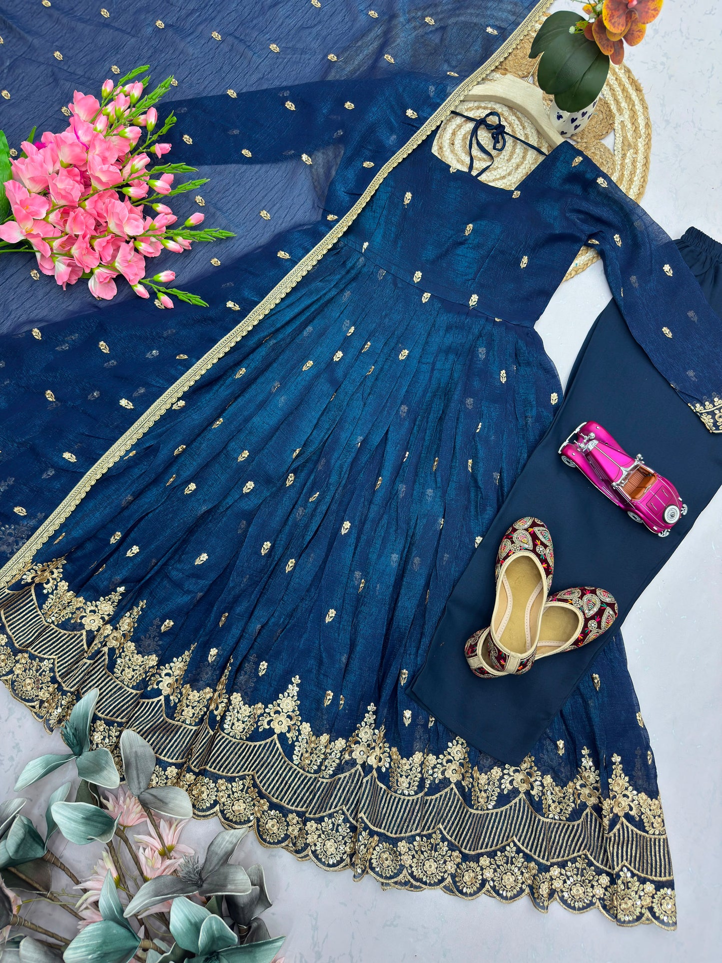 Navy Blue Crunchy Silk Designer Party Wear Anarkali Gown Pant with Dupatta