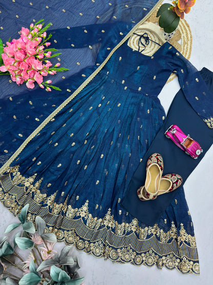 Navy Blue Crunchy Silk Designer Party Wear Anarkali Gown Pant with Dupatta