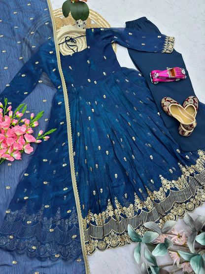 Navy Blue Crunchy Silk Designer Party Wear Anarkali Gown Pant with Dupatta