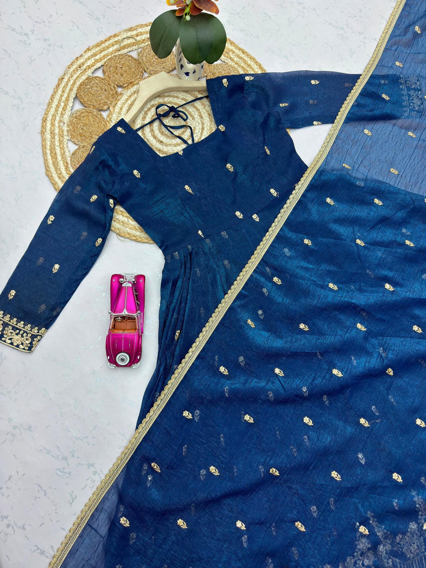 Navy Blue Crunchy Silk Designer Party Wear Anarkali Gown Pant with Dupatta