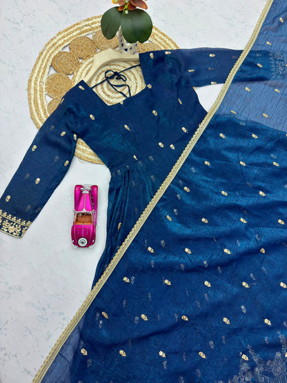 Navy Blue Crunchy Silk Designer Party Wear Anarkali Gown Pant with Dupatta