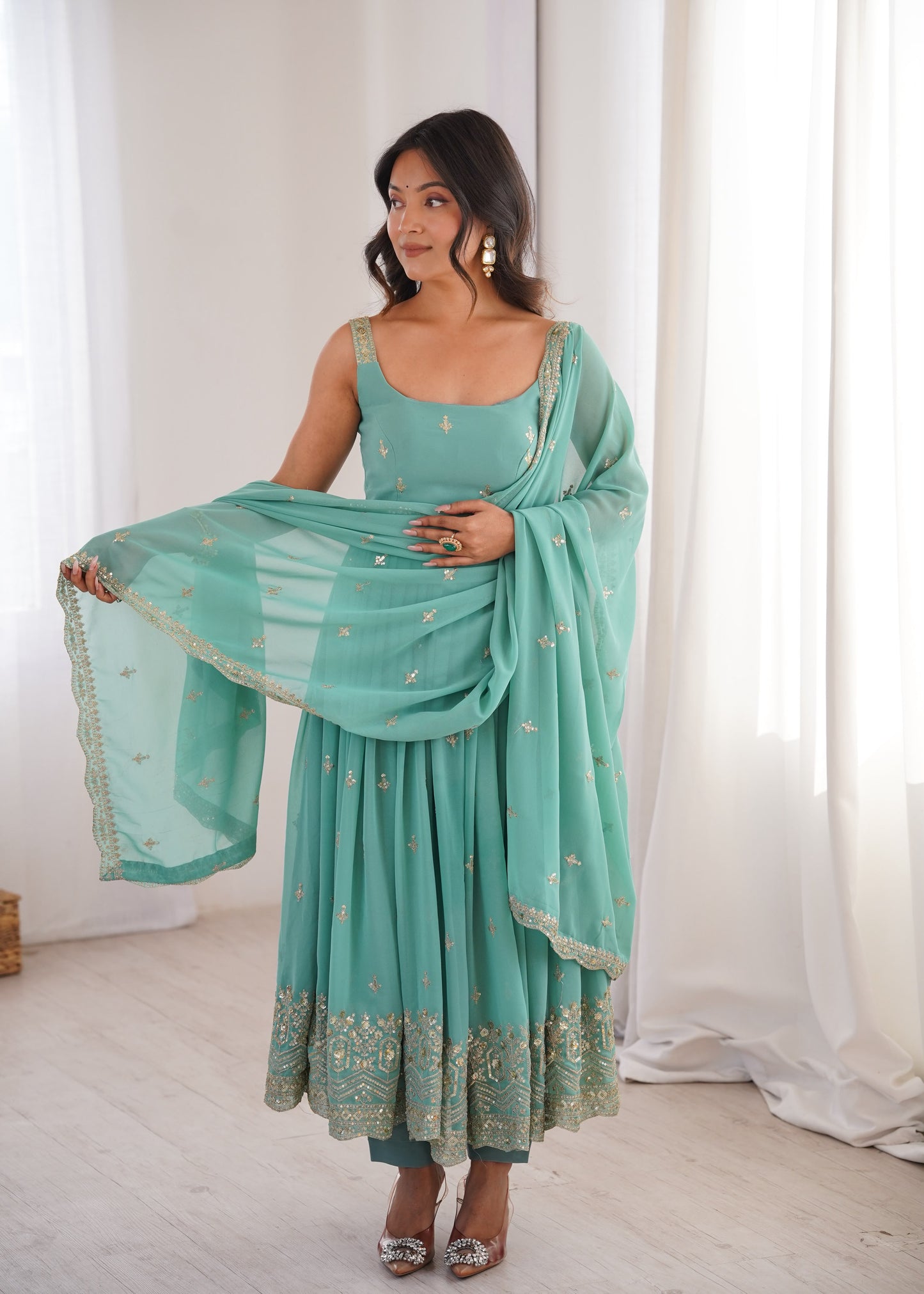 Sea Green Faux Georgette Designer Party Wear Sleeveless Anarkali Gown Pant with Dupatta