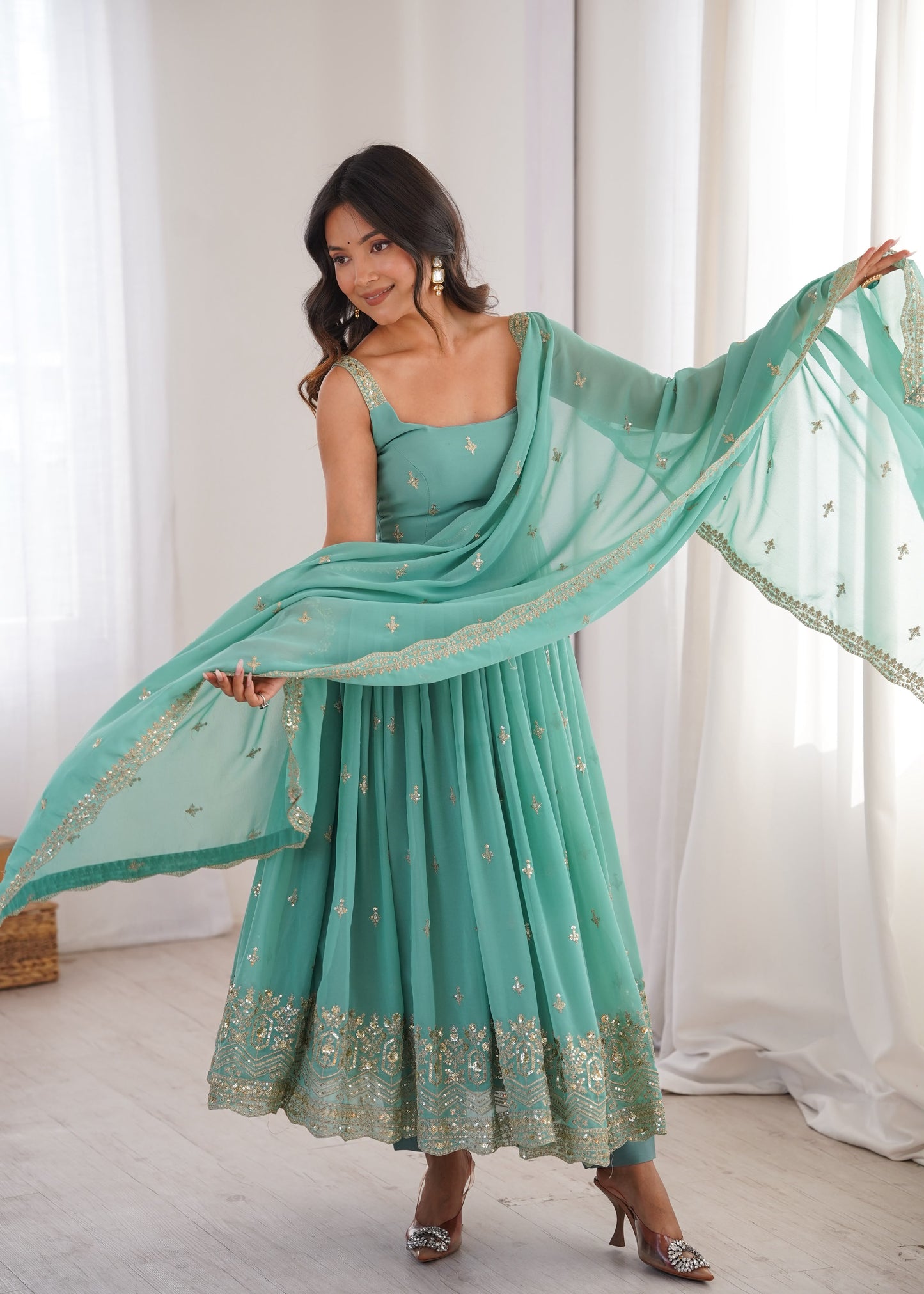 Sea Green Faux Georgette Designer Party Wear Sleeveless Anarkali Gown Pant with Dupatta
