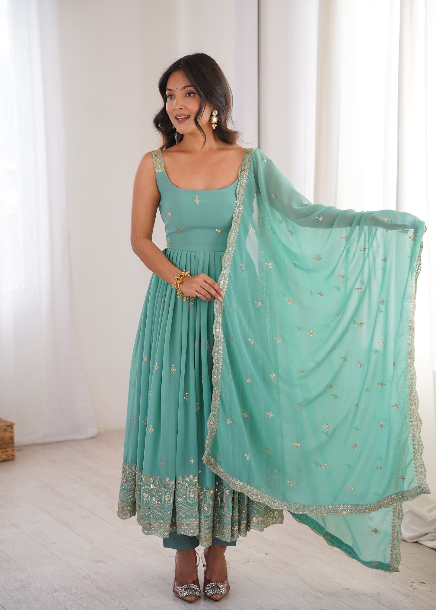 Sea Green Faux Georgette Designer Party Wear Sleeveless Anarkali Gown Pant with Dupatta