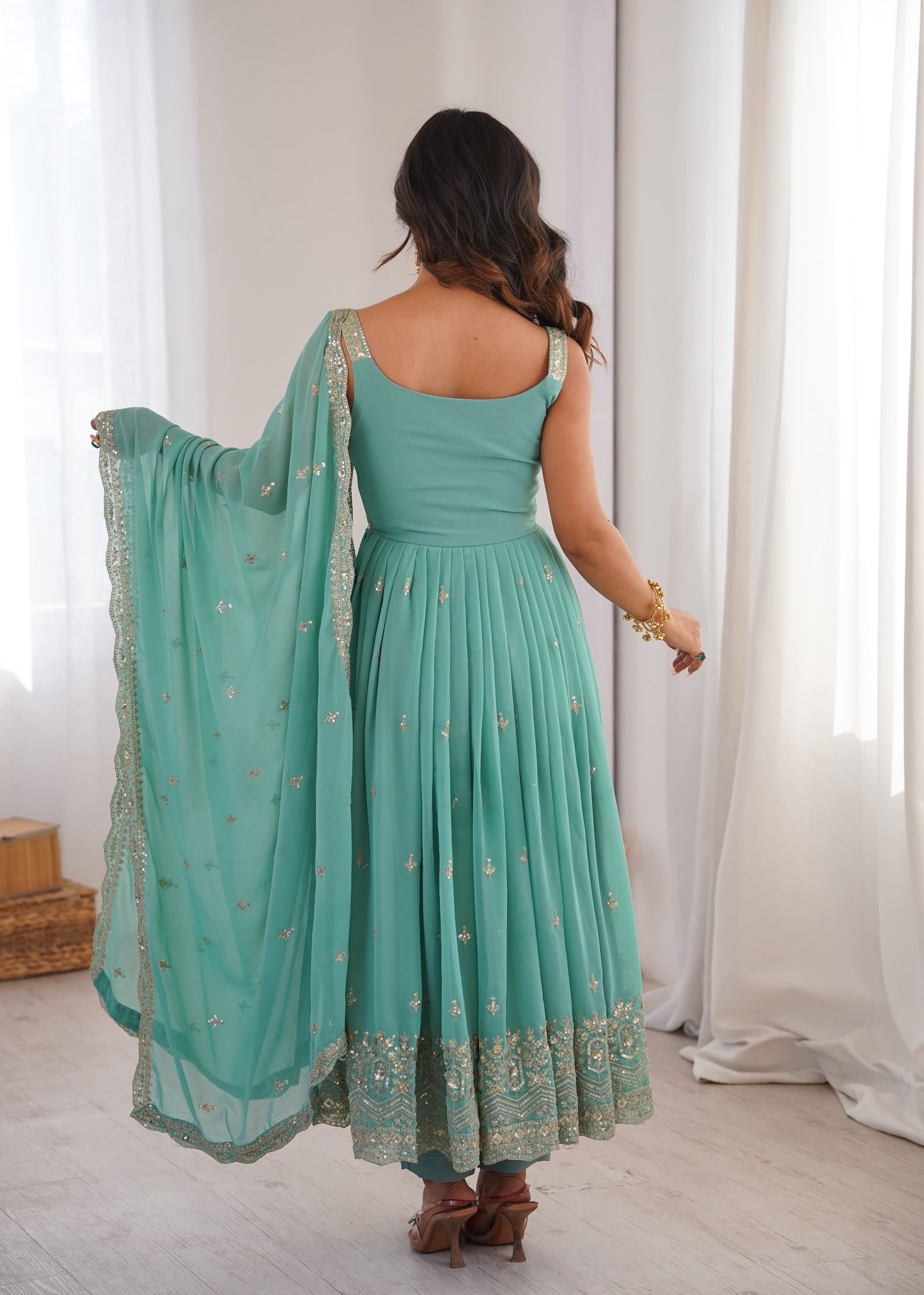 Sea Green Faux Georgette Designer Party Wear Sleeveless Anarkali Gown Pant with Dupatta
