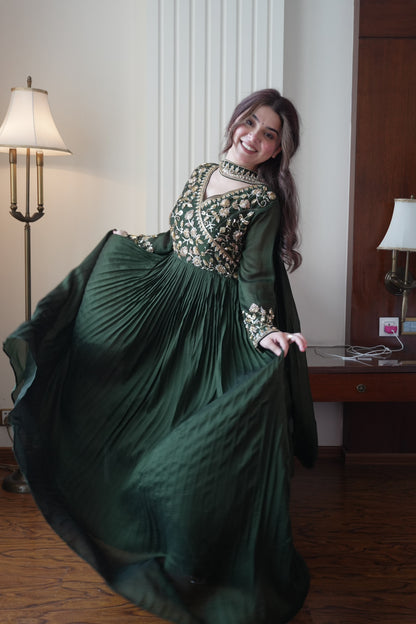 Green color Blooming Vichitra Designer Party Wear Anarkali Gown Dupatta