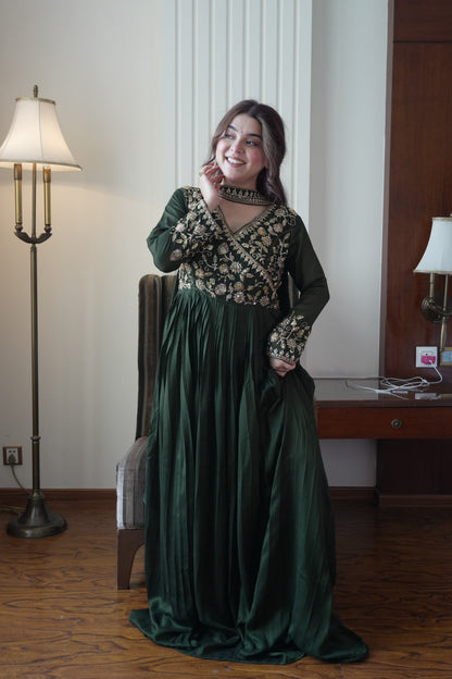 Green color Blooming Vichitra Designer Party Wear Anarkali Gown Dupatta