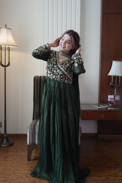 Green color Blooming Vichitra Designer Party Wear Anarkali Gown Dupatta