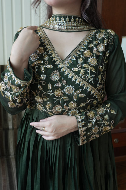 Green color Blooming Vichitra Designer Party Wear Anarkali Gown Dupatta