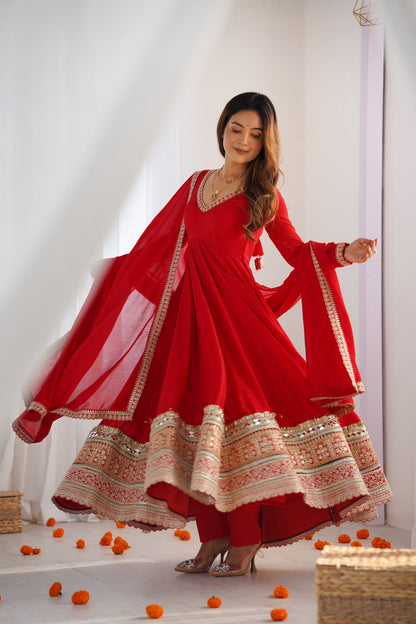 Red Color Blooming Vichitra Silk Designer Party Wear Anarkali Gown