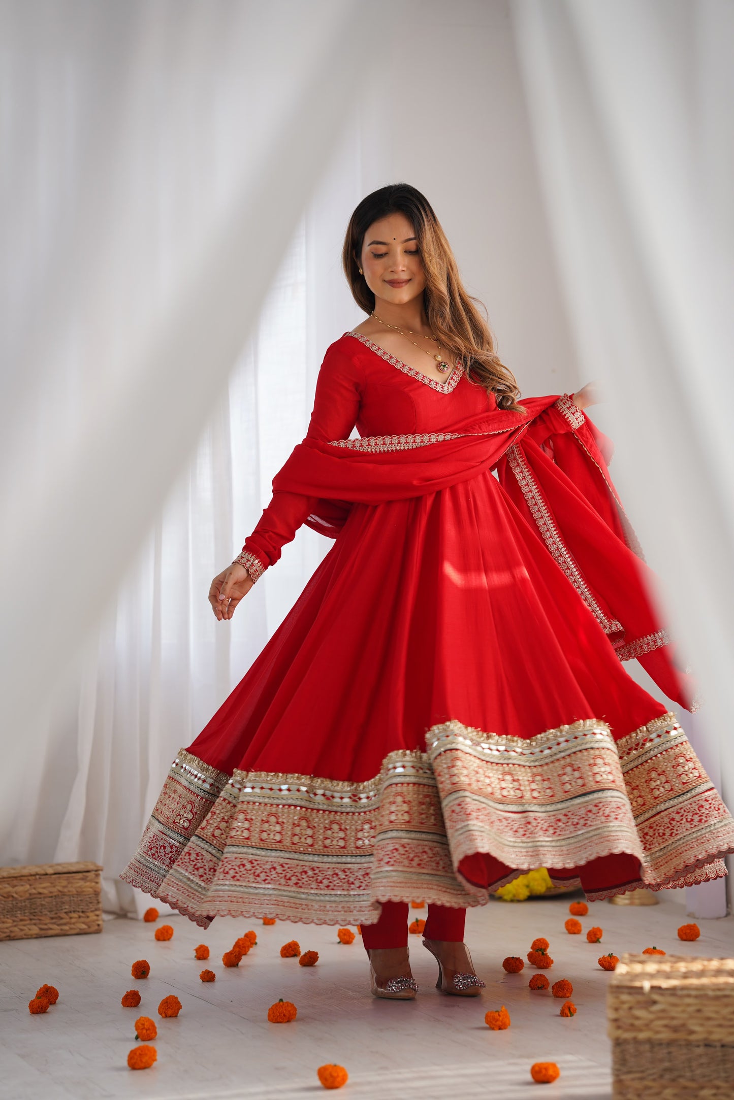 Red Color Blooming Vichitra Silk Designer Party Wear Anarkali Gown