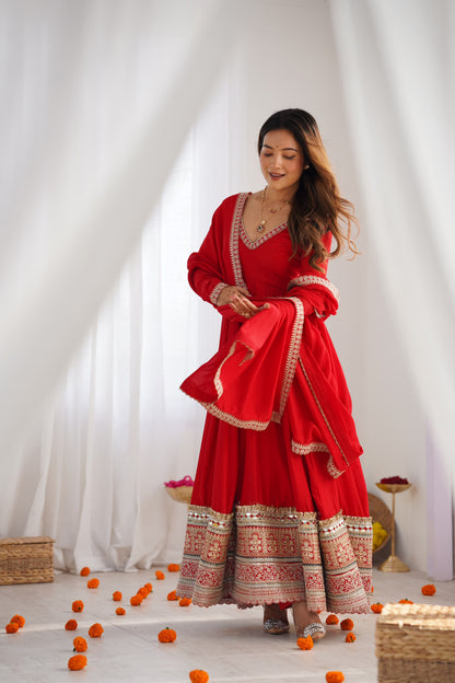 Red Color Blooming Vichitra Silk Designer Party Wear Anarkali Gown