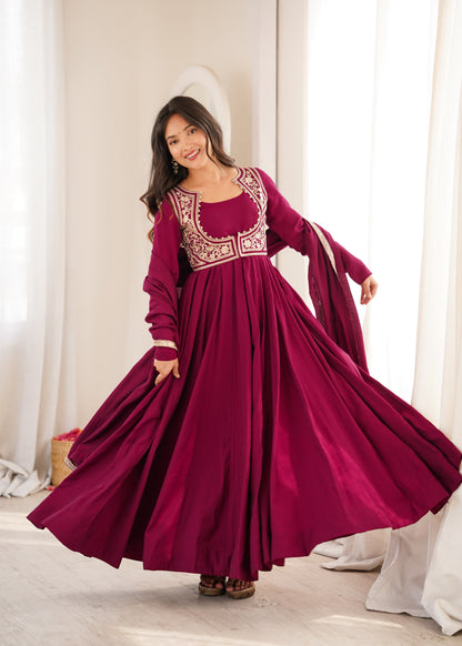 Magenta Pink Roman Silk Designer Party wear Anarkali Gown  Fancy Jacket and Dupatta